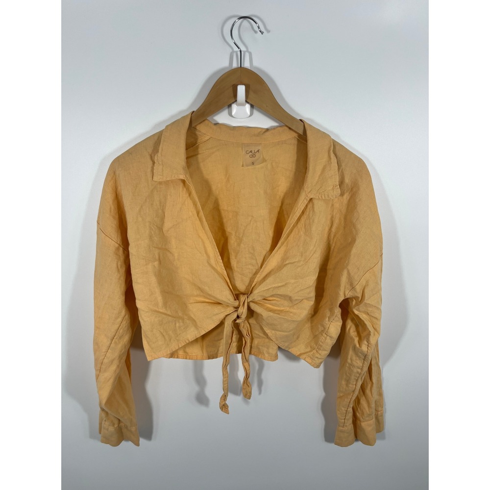 Womens Linen Blend Wrap Top S Yellow Lightweight‎ Resort Beach Euro Summer Chic